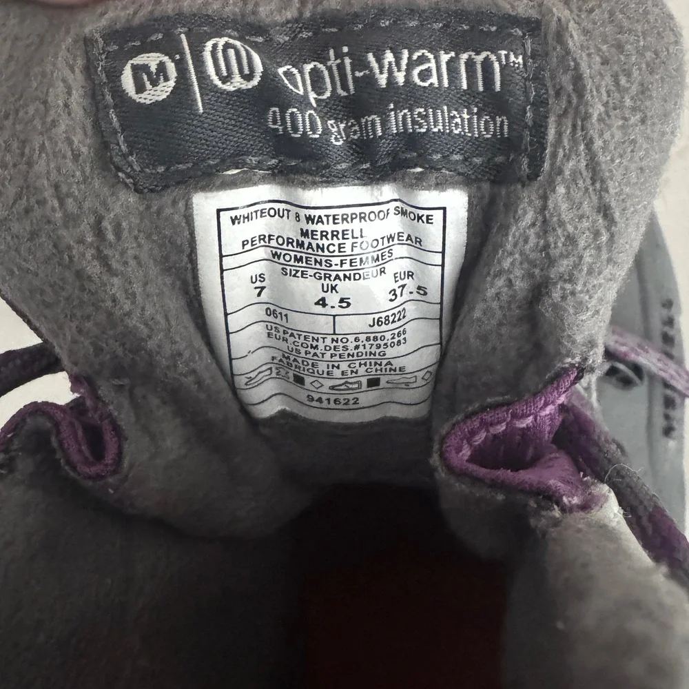 Merrell Whiteout 8 Waterproof Winter Boots Womens 7 Grey Purple 400g Insulated